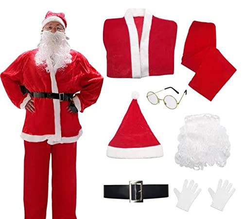 Carnavalife Disfraz de Papá Noel para Adulto Unisex, Chaqueta, Pantalones, Barba, Gafas, Gorro, Cinturón y Guantes, Disfraz Original para Navidad, 7pcs (2XL)