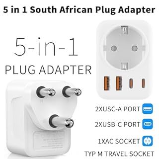 Adaptateur Prise Afrique du Sud, 5 en 1 Adaptateur Voyage France vers Afrique du Sud avec 1 AC & 2 USB-C & 2 USB-A Adaptateur Type M des Voyages en Afrique du Sud, Namibie, Mozambique et Plus ﻿