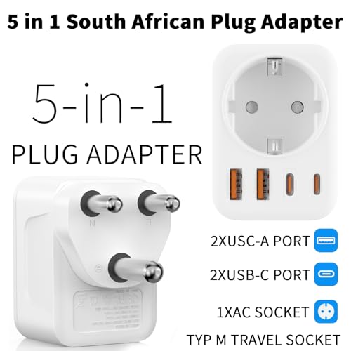 Adapter Südafrika Steckdose, 5 in 1 Reiseadapter Südafrika mit 1 AC & 2 USB-C & 2 USB-A(3.4A), Reiseadapter für Südafrika Steckdose Typ M, für Südafrika, Namibia,Botswana, Südafrika, Lesotho,Bhu