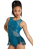 Balera Womens Mesh Inset Sequin Leotard with Fringe for Dance Dark Teal
