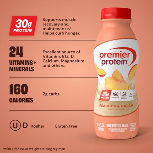 Premier Protein Shake, Peaches & Cream, 30g Protein, No Added Sugar, 24 Vitamins & Minerals to Support Immune Health, 11.5 fl oz, 12 Pack - Image 3