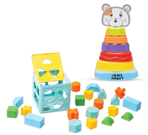 Image of Amazon Brand - Jam & Honey Stacking Toys Learning Toy for Kids Age 12+ Months | Sorting & Stacker Game for Kids | 6 Rings & 20 Shapes | Multicolour Toy | Shape Sorter with Stacking,26 Pcs