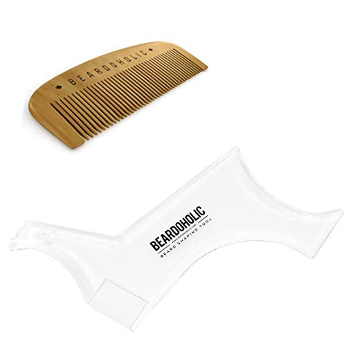 Beardoholic Beard Comb and Shaping Tool Set â€“ 100% Pearwood â€“ Anti-Static, Eliminates Tangles, Ingrown Hairs, Dandruff â€“ Achieve Perfectly Precise Lines and Any Beard Shape â€“ Style Beard With Ease