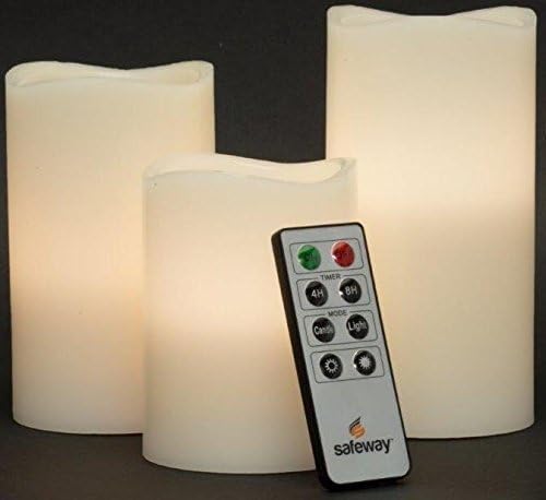 Safeway Candlelites - Set of 3 Smooth Round LED Candle Lights Vanilla Scented, Flameless with Flickering Flame, Smooth Real Wax, With Remote Control Timer (4'', 5'', 6'' inch candles)