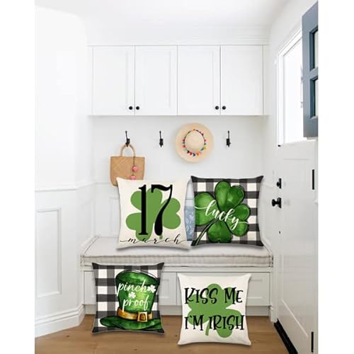 Gaonini Buffalo Plaid St Patricks Day Pillow Covers 18X18 Set Of 4, Shamrock Lucky Irish Decorative Throw Pillow Covers, Farmhouse St Patrick Day Decorations Holiday Cushion Case For Home Couch #TOP6