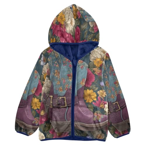 Floral Cowboy Boots Toddler Fleece Jacket Girl Boys Hooded Fleece Jacket Coat Warm Outwear Zip-up 3-10T