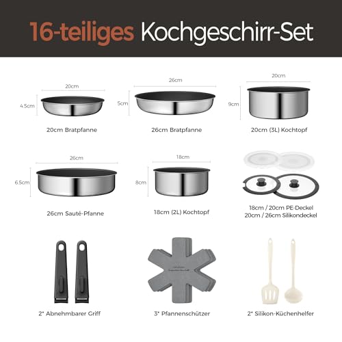 Naturepan 16-Teiliges Antihaft-Kochset, Diamant-Titan-Keramik Pfanne& 3-Schichtiger Edelstahl Töpfe & Pfannen Set mit abnehmbarem Griff… – Ansicht 7
