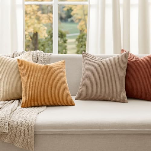 Image of MIULEE Boho Farmhouse Terra Cotta Throw Pillow Covers 18x18 Inch Set of 4 Mordern Nordic Fall Cushion Covers Soft Corduroy Home Decor for Couch Bed Sofa Living Room