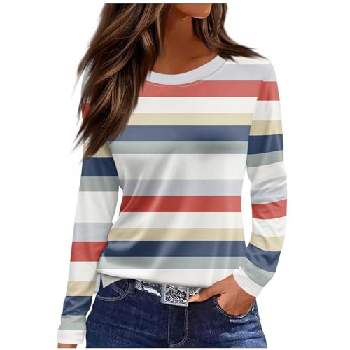 Striped Fall Tops for Women 2025 Trendy Floral Print Long Sleeve Shirts Dressy Casual Crewneck Loose Fit Tunic Blouses Cotton Tshirts Workout Plus Size Color Block Tees