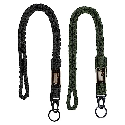 DAYGOS Heavy Duty Paracord Lanyard for Keys - Military Tactical Key Lanyard with USA Flag, Rope Neck Keychain Lanyard with Metal HK Clip Key Ring (Black & Green) Cover