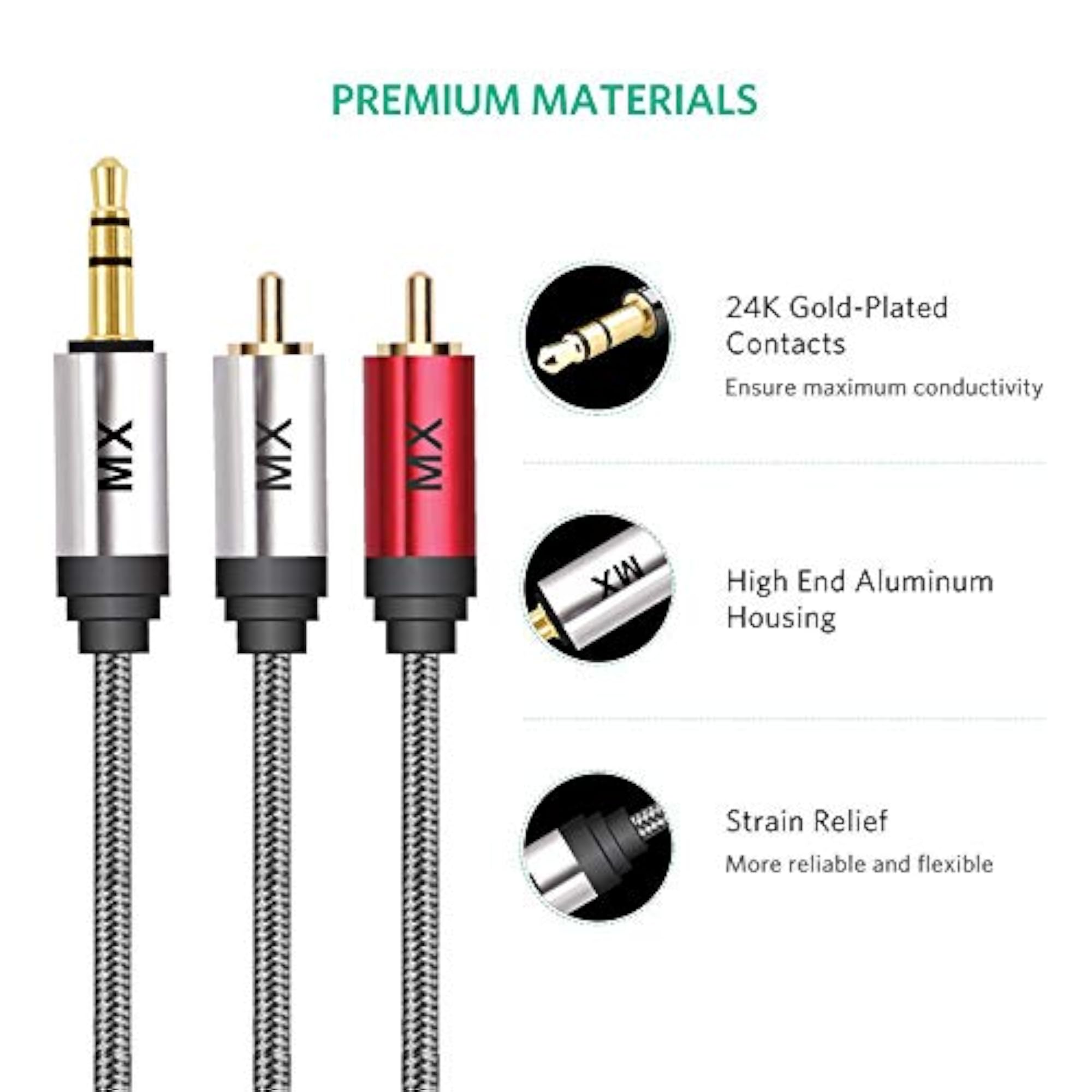 3.5mm to 2 RCA Cable Male, AUX Stereo Audio Cable