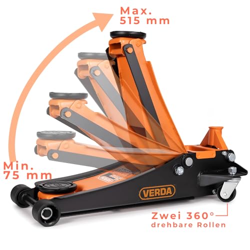 Verda Wagenheber hydraulisch 3T Hubhöhe 75-515 mm, 2X Gummi, mit Schmiernippel, Doppelpumpsystem...