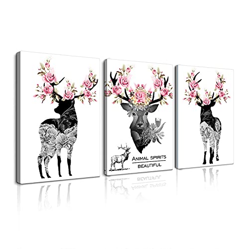 鹿 花 ポスター 写真 アートパネル 3枚セット飾り絵 壁掛けアート アートフレーム モダン アートボード 絵画 印刷された インテリア部屋飾り 壁掛け(B, 50cmX70cm)