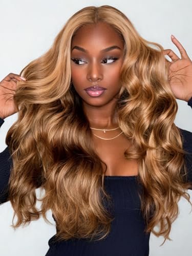 Image of KLAIYI Bye Bye Slip Honey Blonde Highlight Body Wave Pre Everything Glueless 13x4Ear to Ear Lace Frontal Wigs Human Hair Drawstring Ombre Pre Plucked Bleached Knots 3S Ready to Wear and Go Wig 18Inch