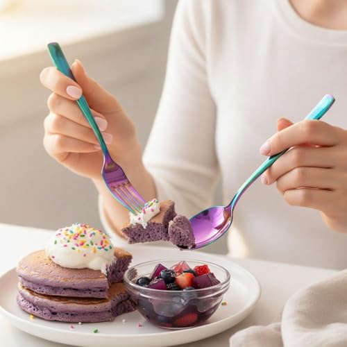 Image of 12-Pcs. Rainbow Cutlery Set - Iridescent Stainless Steel Flatware Service for 6 with 6 Dinner Spoons & 6 Dinner Forks - Titanium Ion Plated Mirror Finish - Multicolor Silverware