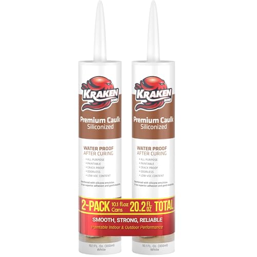 Image of Kraken Bond Premium All Purpose Acrylic Latex Caulk - (2x10.1 fl. oz.) White Paintable Interior and Exterior Window Caulk, Baseboard, Trim, Kitchen and Bathroom - Waterproof, Odorless - 2 Pack