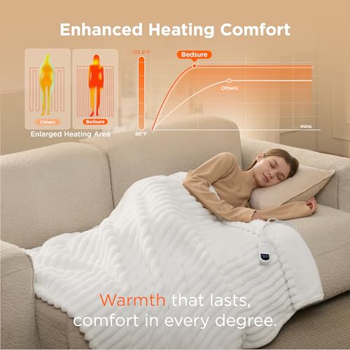 Image of Bedsure Heated Blanket Electric Throw - Thick Striped Flannel Electric Blanket, Heating with 4 Time Settings, 6 Heat Settings, and 3-Hour Timer Auto Shut Off, Gift for Grandma (50x60 inches, White)