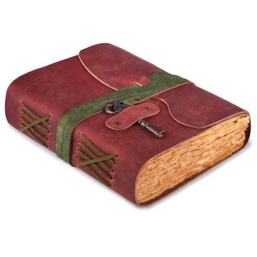 LEATHER VILLAGE Journal Notebook Key Lock, Red Green 13x8.