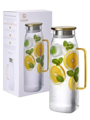 GLASKEY 2,2 Liter Quadratischer Glaskanne mit Deckel und Griff für den Kühlschrank,Borosilikatglas-Karaffe für heiße oder kalte Getränke,Großer Krug für Eistee,Kaffee,Saft,Hausgemachte Getränke