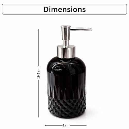 Image of Luxe Home International Diamond Cut Pattern Glass Soap Dispenser for Bathroom and Kitchen Sink Leak Proof Liquid Hand Wash Round Bottle Lightweight Smooth Finish (19.5x8 cm Black) Pack of 1