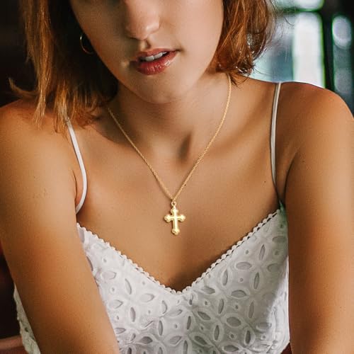 NICRET Gold Cross Necklace 14K Gold Cross Pendants for Women Delicate Floral-Edge Detailing Dainty Crosses Necklace for Women Crosses Chain3