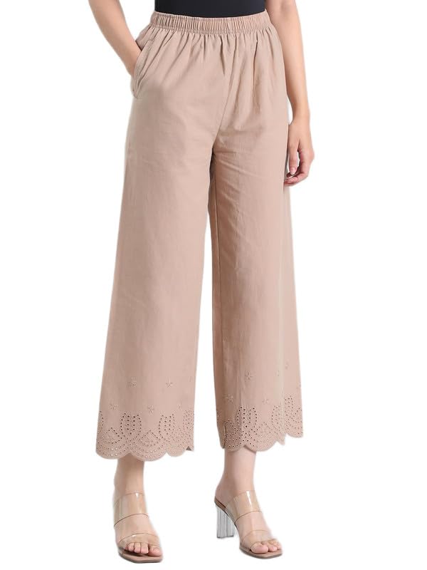 Image of GO COLORS Women's Cotton Hakoba Palazzo | Ankle Length, Schiffli Embroidery, Relaxed Fit, Mid-Rise with Side Pocket
