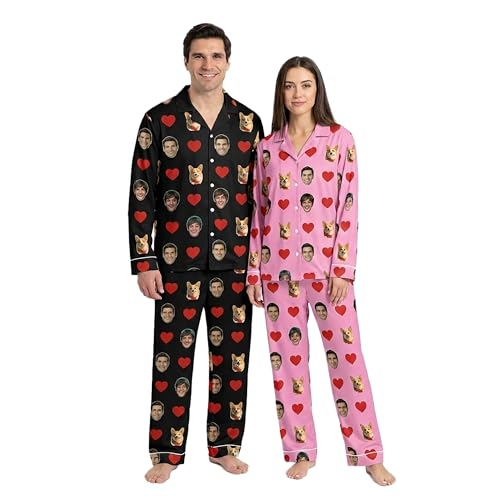 DXDOING Personalised Pyjamas Set for Men & Women Custom Face Photo PJs with Photo Valentines Day Nightwear with Pockets for Boyfriend Girlfriend Dad Mom Pet Family