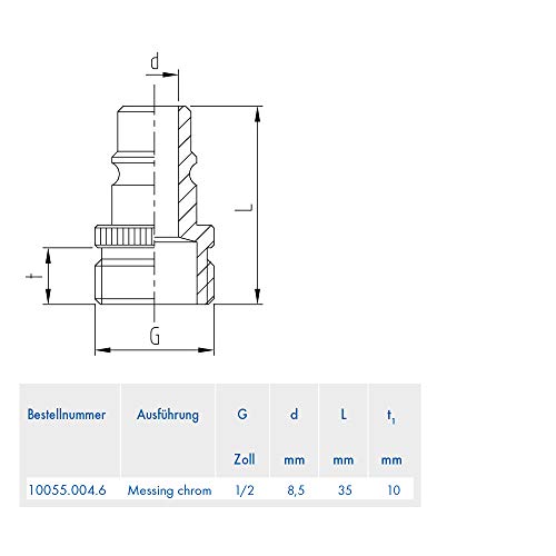 ABA Beul 10055.004.6 Gewindestecker mit Außengewinde G 1/2 zur Wasser-Steckkupplung System 1/2, Verchromt