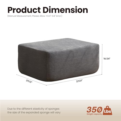 Image of ovios 37 inch Corduroy Ottoman, Upholstered Cloud Ottoman for Boneless Couch in a Box, Modular Sectional Couches for Living Room Bedroom, Compressed Memory Foam, No Assembly Require, Grey