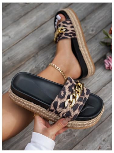 Women's Leopard Print Slide Sandals Open Toe Platform Sandals Summer Vacation Slip on Slides with Metal Chain2