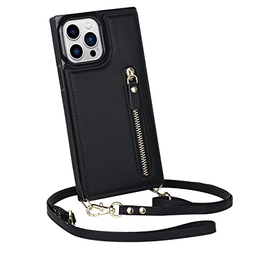 Étui de téléphone à bandoulière pour iPhone 8 Plus avec protège portefeuille noir
