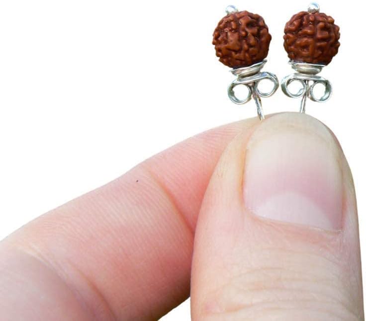 Rudraksha Stud Earrings - Handmade, Gold or Silver, Small 5 Panch Mukhi Real Rudraksh Seed Bead, Kundalini Yoga Jewelry, Hindu Earring for Men and Women, Shiva Shakti Symbol