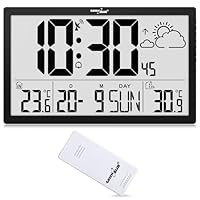 Green Blue GB218 Wetterstation Digitale Wanduhr mit Außensensor, DCF-Uhr, 37x22,5cm Große Wanduhr, Alarm mit Schlummerfunktion, LCD Display, Innen und Außentemperatur, Wettervorhersage
