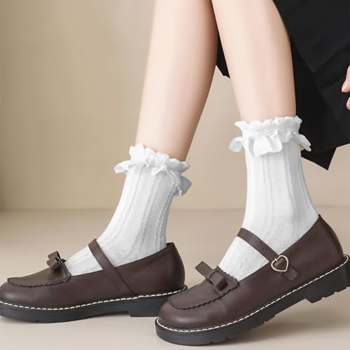 Image of Ruffle Socks for Woman, 4 Pairs Cute Crew Casual Cotton Frilly Socks Classic Solid Color Breathable Knit Trim Dress Sock, White & Black