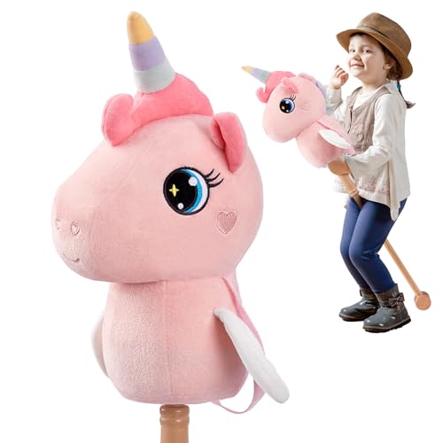FUNLIO Steckenpferd & Stockpferd für Kinder ab 3 Jahren, Interaktives Steckenpferd mit Sound (Wiehern & Galopp), Weiches Plüsch-Hobby Horse mit Holzrollen, fördert Kreativität & Rollenspiele – ROSA