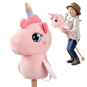 FUNLIO Unicorn Stick Horse for Kids 3+, Rainbow Fairy Hobby Horse with Soft Plush & Wood Wheels, Neighing and Galloping Sound for Pretend Play & Creativity, Stick Horses Gift, CPC&CE Certified – Pink