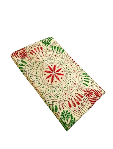 Image of SHRISTI CLOTHINGS Women's Hand Embroidered Cotton Silk Kantha Stitch Saree with Blouse Piece (J420724 LIGHTGOLDEN)