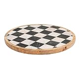 Creative Co-Op Checkered Lazy Susan in Mango Wood and Marble, White, Black and Natural