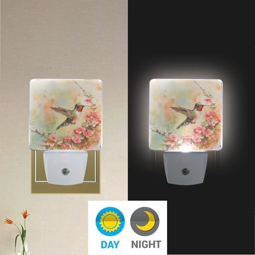 Image of Flower Hummingbird Night Lights 2 Pack Plug-in Wall Led Nightlight Auto Dusk-to-Dawn Sensor Lamps for Bedroom Kitchen Bathroom