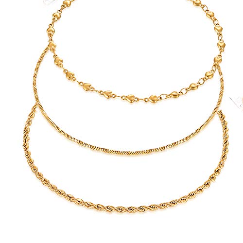 hoduar Stainless Steel Anklet, Two Tone Cross Ankle Bracelets Adjustable Beads Jewelry Chains 3Pcs Set [8.2