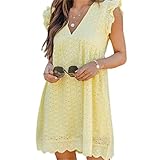 AELSON Women's Sexy Summer V Neck Dress with Short Loose Ruffle Sleeve California Romper Dress Yellow