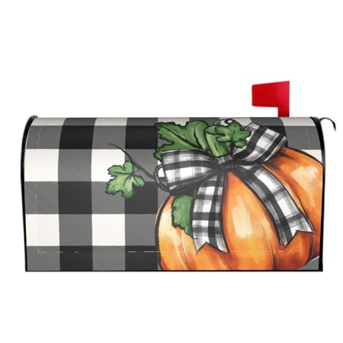 Image of Fall Autumn Magnetic Mailbox Cover Orange Pumpkin Bowknot Buffalo Plaid Checkered Thanksgiving Mailbox Wrap Post Cover Standard Size 21x18 Inch for Garden Yard Outdoor Seasonal Decor
