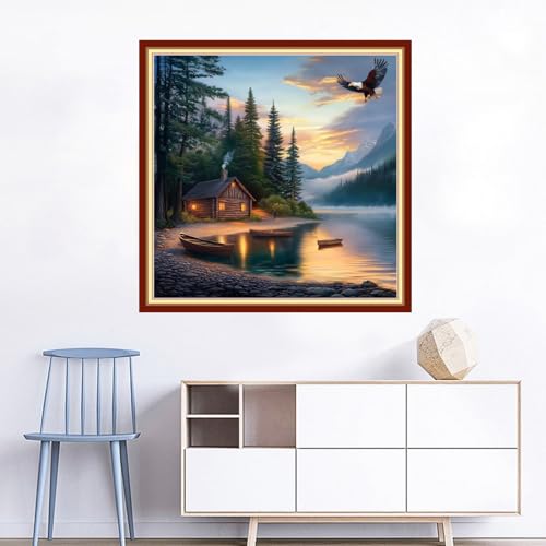 Image of Joyhoor Cross Stitch Kits for Beginners Stamped Cross-Stitch Supplies Needlework preprint Embroidery Kits for Adults DIY Needlepoint Kits Embroidery Patterns 11CT-Small Boat by the Lake 18x18 inchs