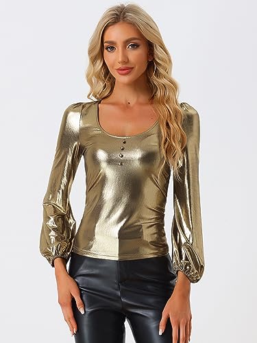 Image of Allegra K Metallic Blouse for Women's Sparkly Party Club Shiny Bishop Sleeve Disco Glitter Tops
