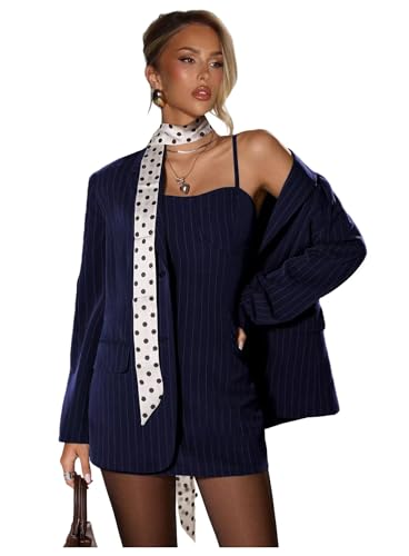 Hoawsyu Royal Blue Dress Suits for Women 2 Piece Business Pinstripe Blazer and Dress Spaghetti Strap Dress Elegant Tuxedo for Work Size Medium