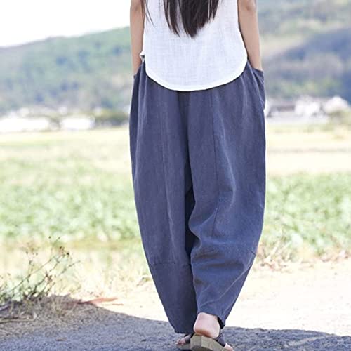 Women Vintage Cotton Linen Pant Casual Solid Colours Harem Pant Summer Lightweight Trousers with Pockets (Dark Blue, M)3