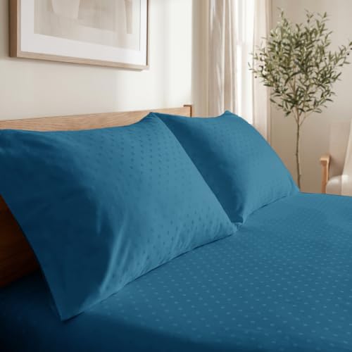 Image of Blue Dahlia 100% Cotton, King Size /Double, Bedsheet (108 inch x 108 inch) + 2 Pillow Covers, Silky Smooth Feel, 300TC Dotted Premium Bedsheet, Colour: Azure Blue Navy