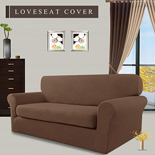 Image of Easy-Going 2 Pieces Stretch Loveseat Couch Sofa Slipcover Washable | Spandex Soft Fitted Sofa Couch Cover for Sofa Furniture Protector with Bottom Kids,Pet Dog Brown