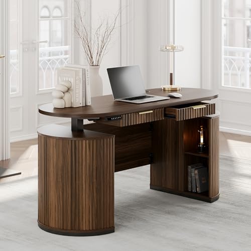 Perledesign Electric Standing Desk with Storage Drawers, 63'' Executive Height Adjustable Desk with Privacy Panel and Shelves, Wood Fluted Computer Desk for Home Office, Black Walnut