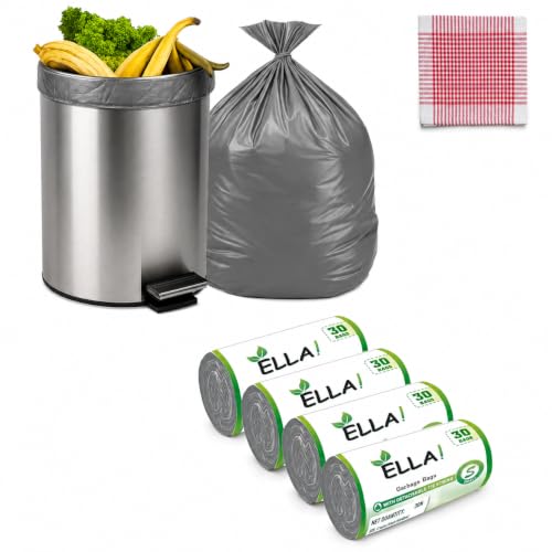 Image of ELLA Grey Garbage Bags 17 x 19 Inches 4 Rolls 120 Bags Small Size Tear Resistant Trash Bags for Daily Use in Kitchen Bathroom Office and General Cleaning With Check Duster Cloth Free